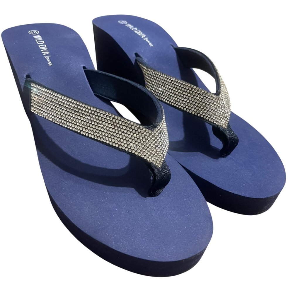 Wild Diva Heatwave-01 EVA Foam Thong Rhinestone Retro Platform Wedge Sandals 10